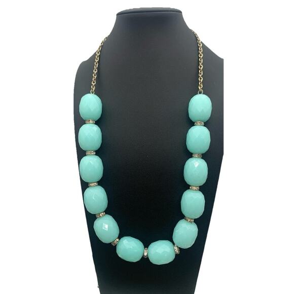 J. Crew Gold Tone Necklace W Faceted Acrylic Aquamarine Ice Blue Color Beads - Picture 1 of 5